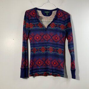 Womens Vintage LRL 1/2 Button Aztec Print Tee Shirt Long Sleeve XS Blue Red Gree